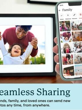 White Digital Photo Frame with Touchscreen Display (Skylight) phone operated.